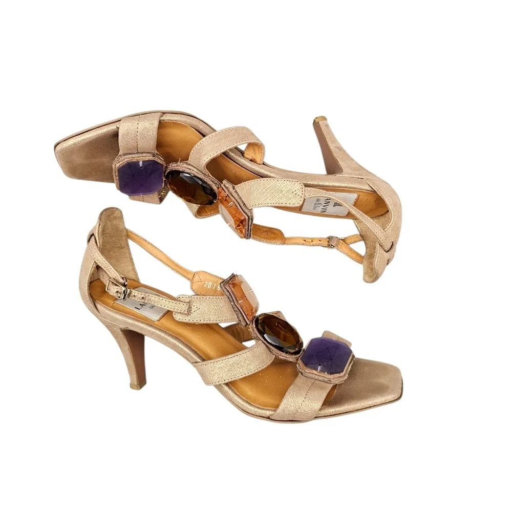 Lanvin En Bleu Womens Size 6.5 US VGC Gold Strappy Gem Heels Pumps Made In Japan